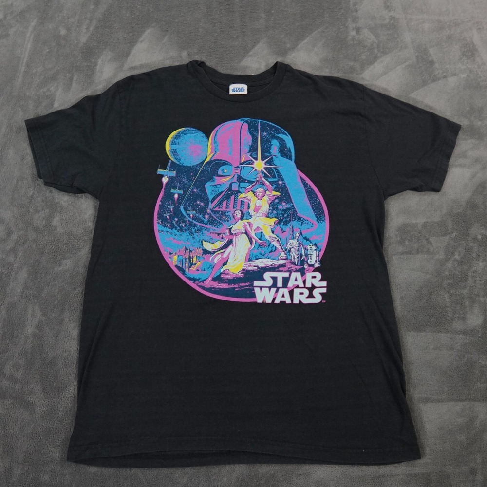 Star Wars Shirt Mens Large Black A New Hope Darth‎ Luke Leia Retro Neon Poster
